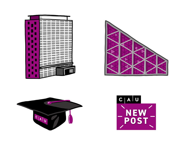 Illustrationen des Uni-Hochhauses, der Uni-Kirche, eines Doktorhuts und ein new-post-GIF
