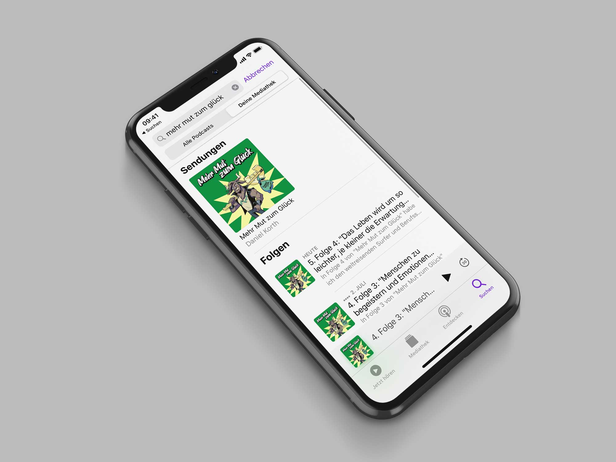 Podcastcover "Mehr Mut zum Glück" auf einem Smartphone
